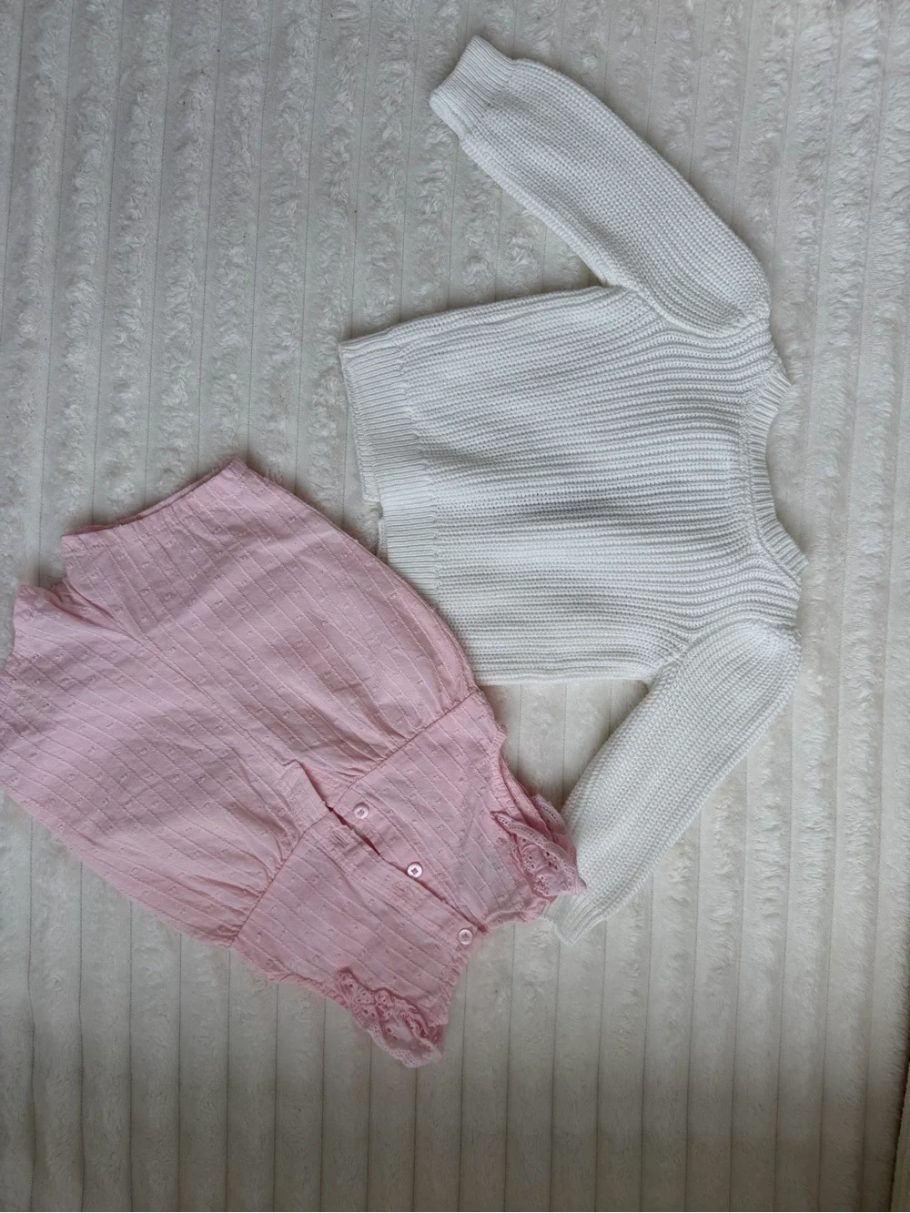 First Impressions White Crochet Cardigan & Pink Eyelet Romper